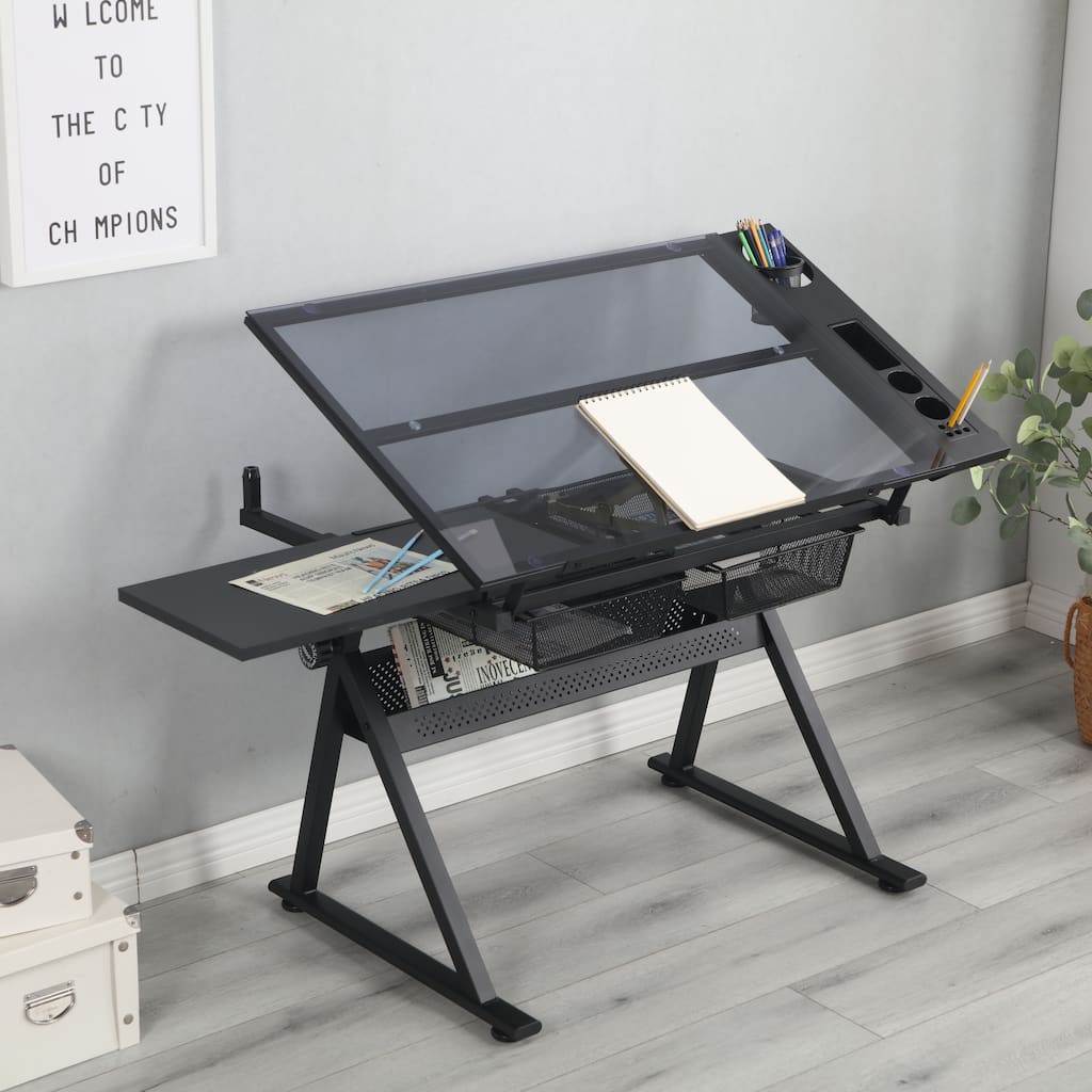 Drafting Table, 0-75° Adjustable Glass Top Artist Table, Height Adjustable Drafting Desk with Large Storage for Painting