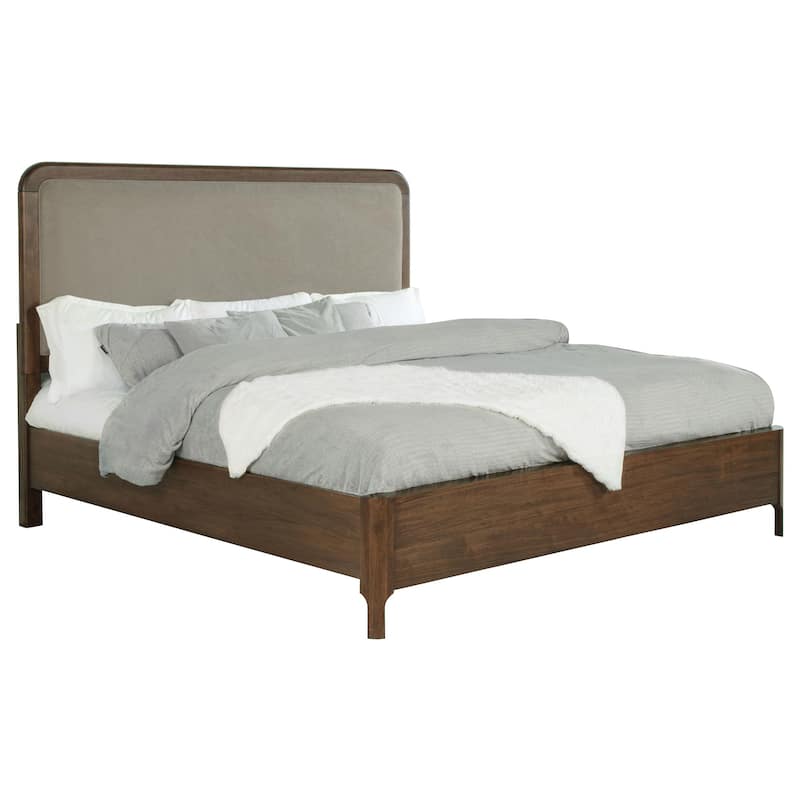 Rie Queen Bed, Taupe Gray Upholstered Headboard, Walnut Brown Wood