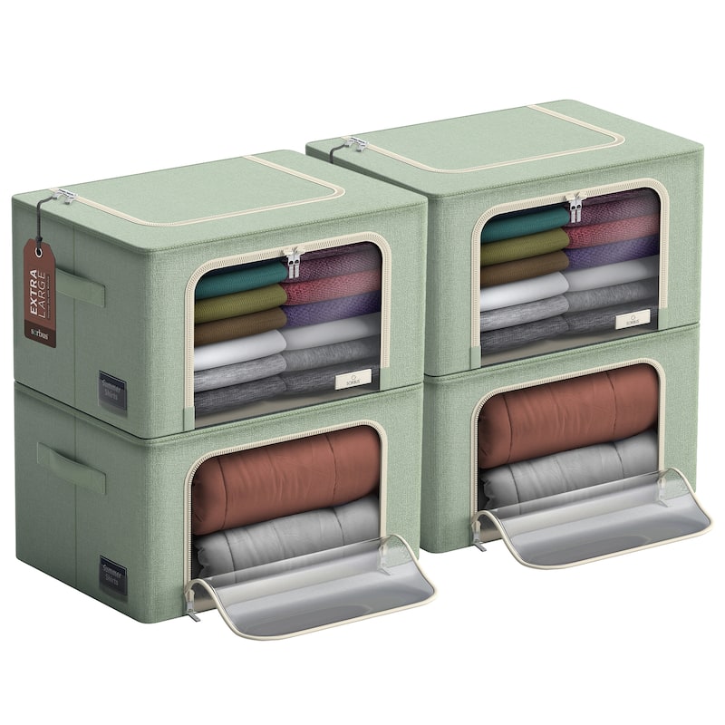 Sorbus Jumbo Storage Bins with Metal Frame Stackable Foldable Clothes Organizer Bags Oxford Fabric & Clear Window & Handles- 4Pk