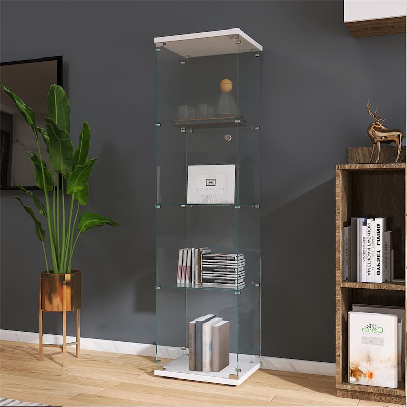 Lighted 4 Shelves Glass Cabinet Glass Display Cabinet with One Door