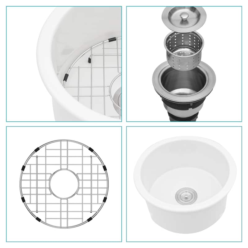 18'' Undermount Single Bowl Porcelain Fireclay Circular Kitchen Sink in White with Drain Assembly and Bottom Grid