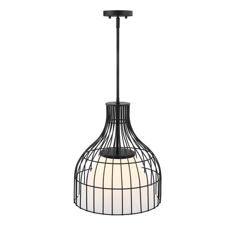 Evensong 60 Watt 1-Light Matte Black Bell Pendant with Etched Opal Glass Shade and Metal Outer Cage - 18.75