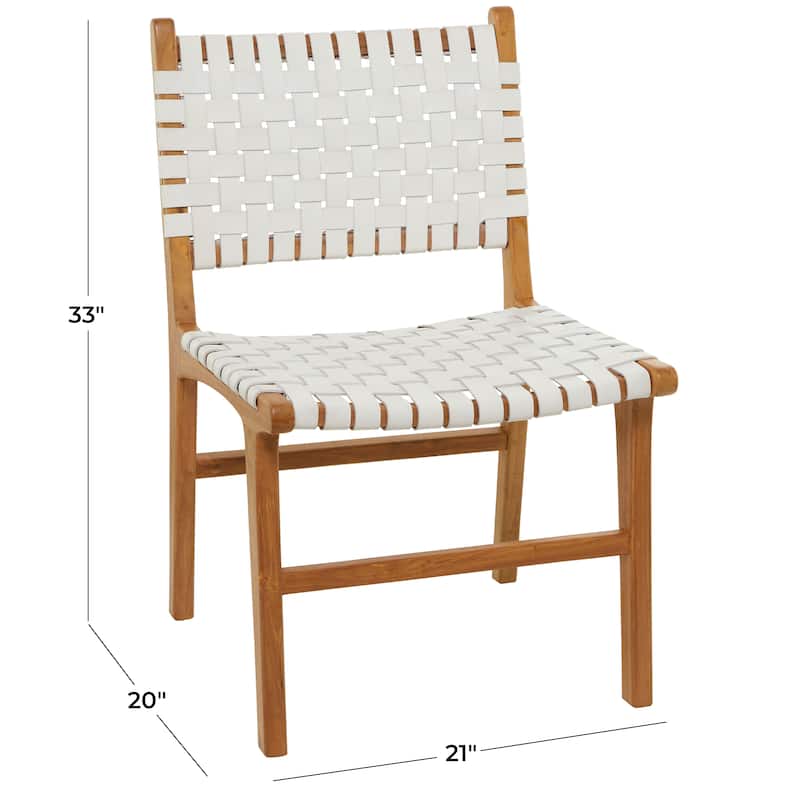 Brown, Black, White Leather Handmade Woven Kitchen Dining Chair with Teak Wood Frame