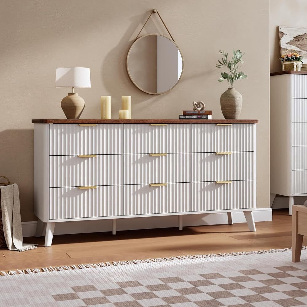 Modern Fluted 9 Drawers Dresser TV Stand for Living Room, Bedroom