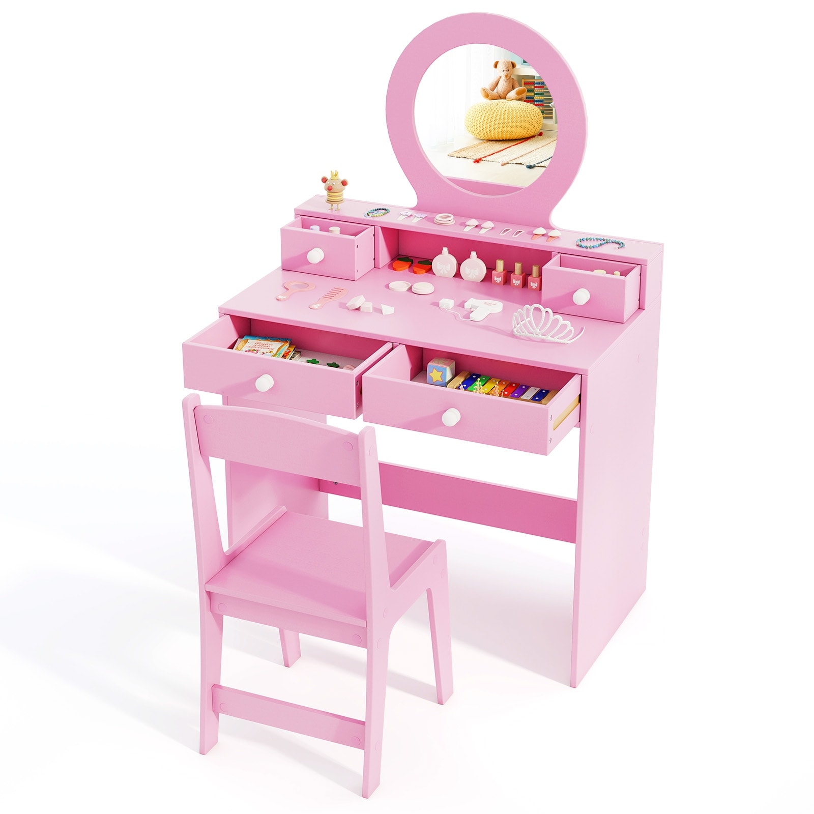 Gymax Kids Vanity Set Desk & Chair Set w/ Mirror Open Shelf & 4