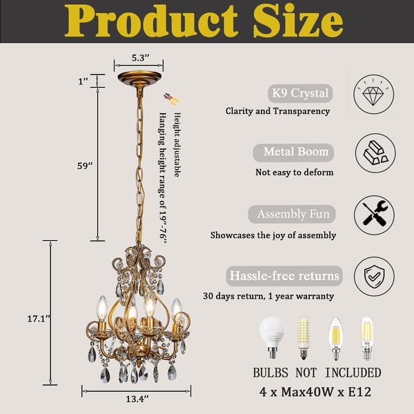 dimension image slide 0 of 2, 4/6-Lights Vintage Small Candlestick Crystal Chandelier in Antique Gold
