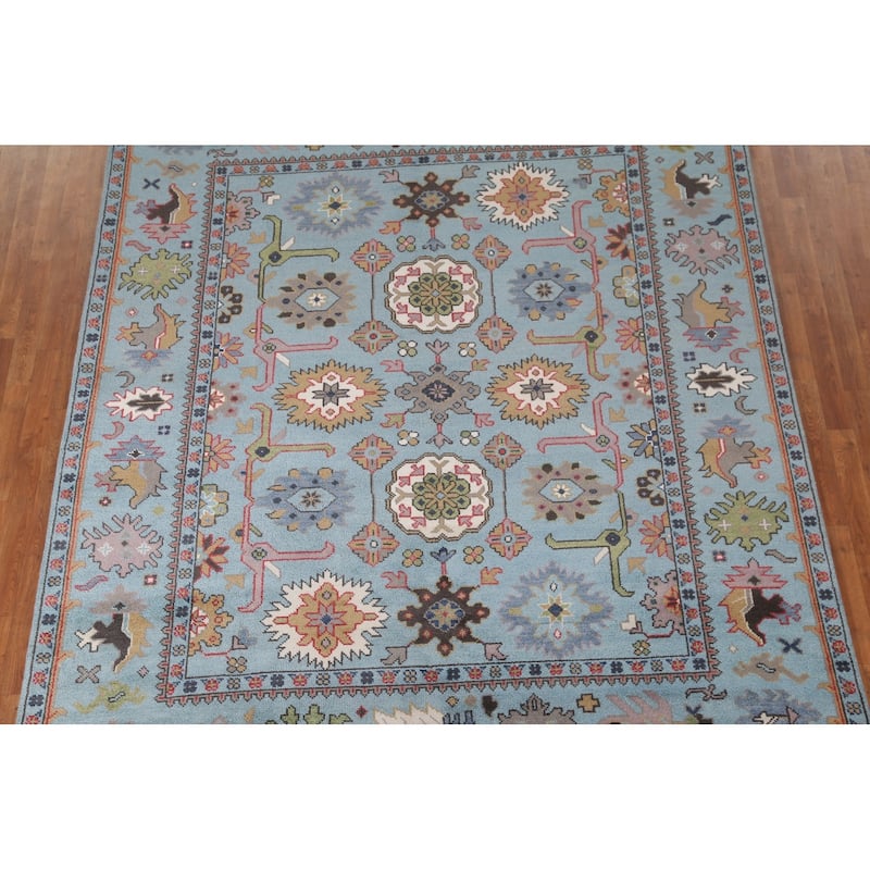 Blue Geometric Oushak Oriental Area Rug Handmade Wool Carpet - 8'2"x 9'9"