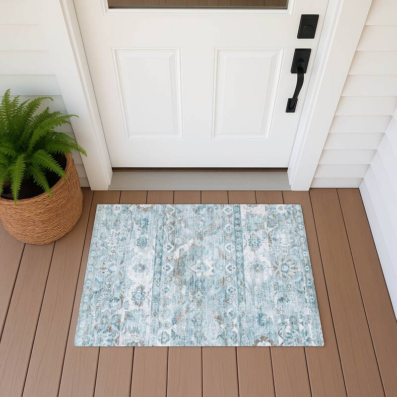 Machine Washable Indoor/ Outdoor Traditional Hudson Chantille Rug - Teal - 1'8" x 2'6"