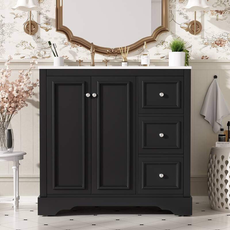 GDFStudio - Maple Modern Freestanding Bathroom Vanity with Ceramic Sink, Soft Close Door and Multi Drawer Storage - 36" - Black