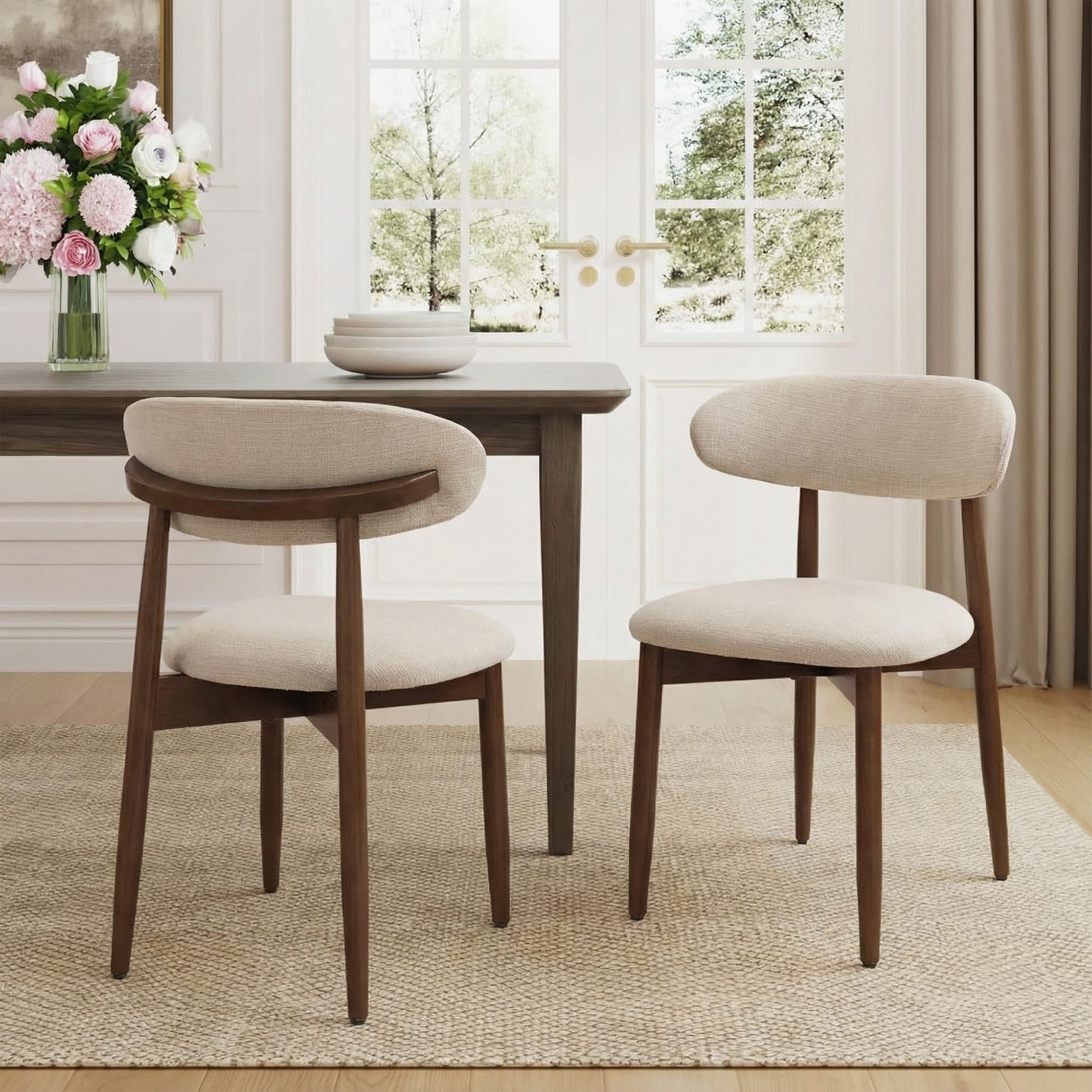 RENEWLINE Linen Upholstered Solid Wood Curved Back Dining Chair