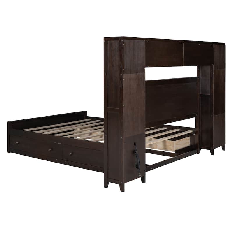 Queen Size Wooden Platform Bed with Built-in Cabinets, Shelves, and Outlets, Espresso Finish