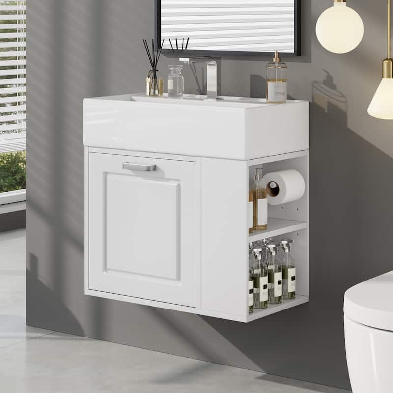 21.8" Floating Bathroom Vanity Cabinet with Ceramic Sink & Toilet Paper Holder for Small Space - White - 21.8 Inch