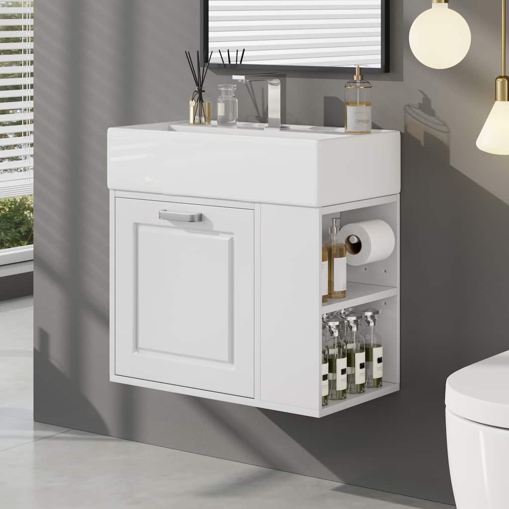 21.8" Floating Bathroom Vanity Cabinet with Ceramic Sink & Toilet Paper Holder for Small Space