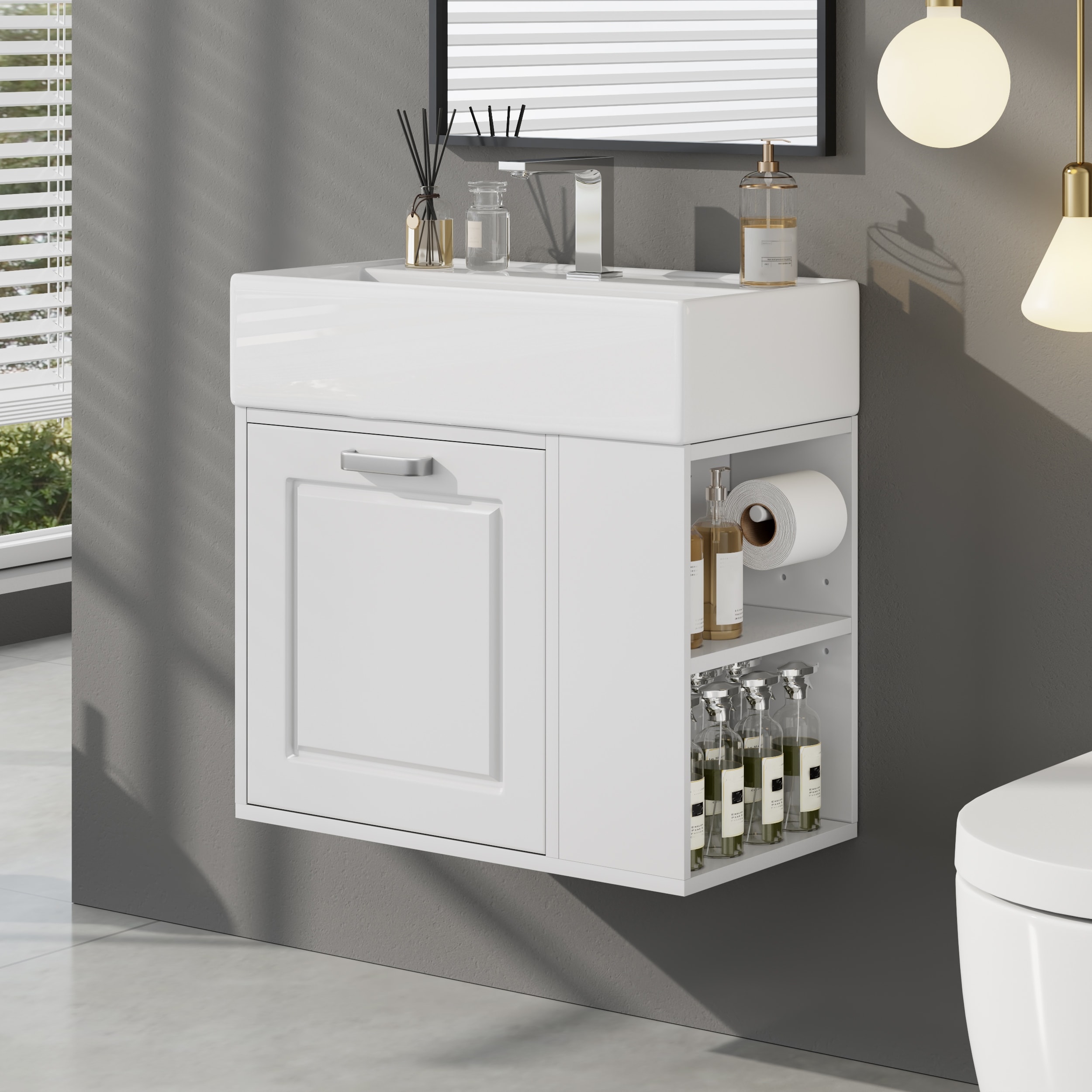 21.8" Floating Bathroom Vanity Cabinet with Ceramic Sink & Toilet Paper Holder for Small Space