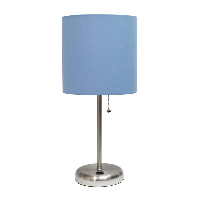 19.5" USB Port Feature Metal Lamp in Steel w Aqua Shade - Brushed Steel/Blue Shade