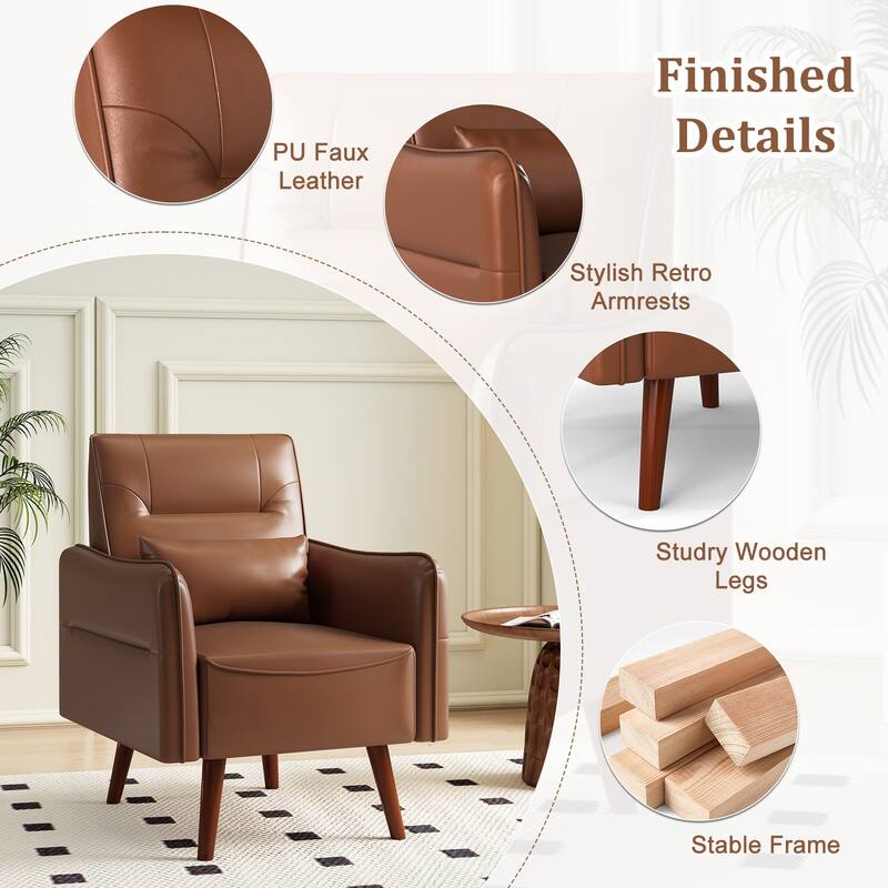 Button Tufted Faux Leather Accent Chair Armchair with Solid Sagwan Wooden Frame