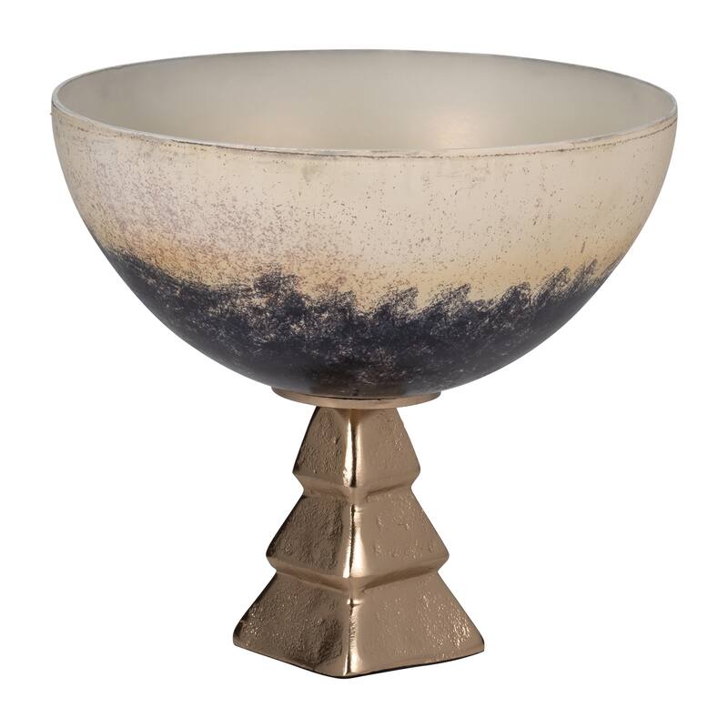 Modern Decorative Round Metal Bowl with Stand - 11", Ivory & Blue - 11.0"