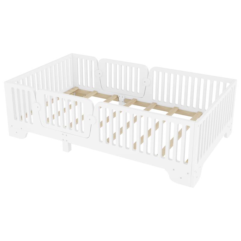 Montessori Floor Bed with Detachable Door, No Box Spring Needed, Kids Platform Bed with Slats and Fence