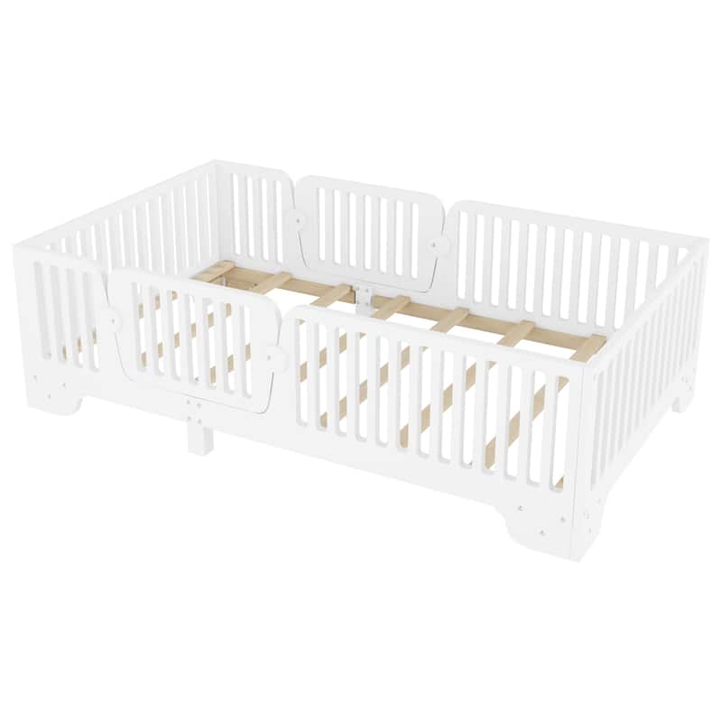 Twin Floor Bed with Slats and Fence, Twin Size Montessori Floor Beds with Door, No Box Spring Needed