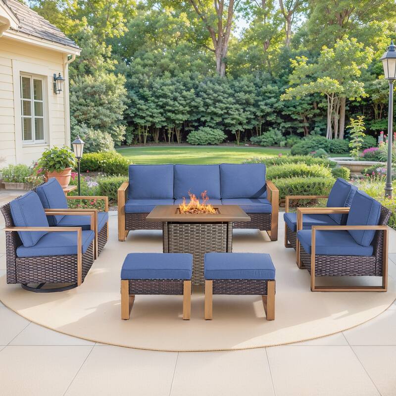 Pocassy 4/6/8PCS Sofa Swivel Chair with Fire Pit Table Set - Brown Wicker Blue Cushion - 8-Piece Sofa Chair with Fire Table