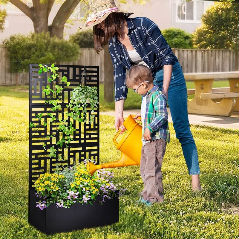 2-in-1 Black Metal Garden Planter Box with Trellis for Climbing Plants Flowers Vegetables or Patio - (35.8 x 16.1 x 70.5) in