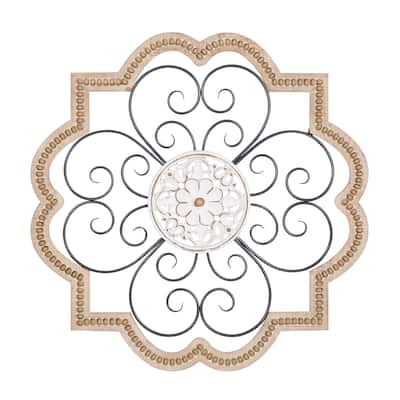 Wooden Scroll Carved Beading Wall Decor with Metal Accents - Brown - Roche River Decor
