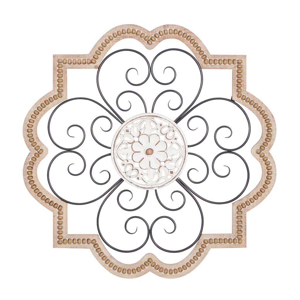 Wooden Scroll Carved Beading Wall Decor with Metal Accents - Brown - Roche River Decor
