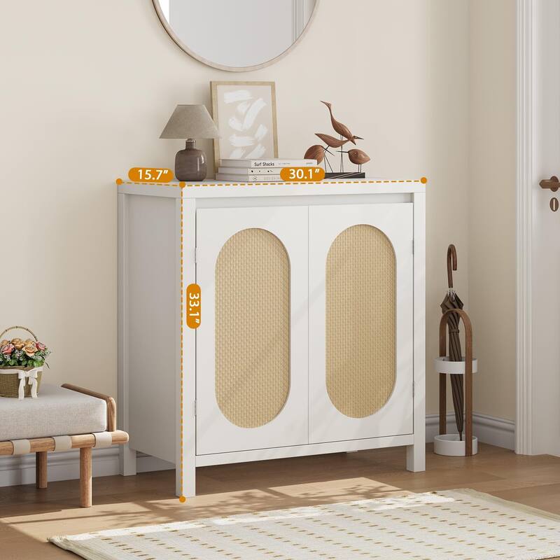 Rattan Storage Cabinet, Wooden Sideboard Buffet Cabinet with Doors and Shelves