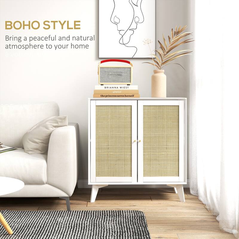 HOMCOM Boho Storage Cabinet, Kitchen Cabinet with 2 Rattan Doors and Adjustable Shelf for Living Room, Hallway, White