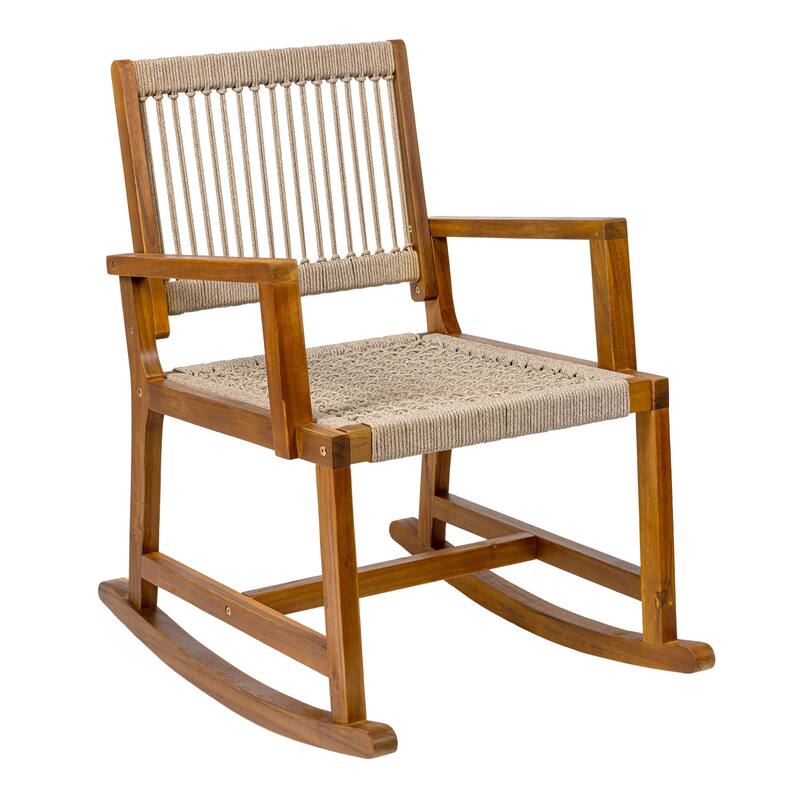 JONATHAN Y Laguna Coastal Casual 352-LBS Support Acacia Wood and Woven Rope Outdoor Rocking Chair - Beige