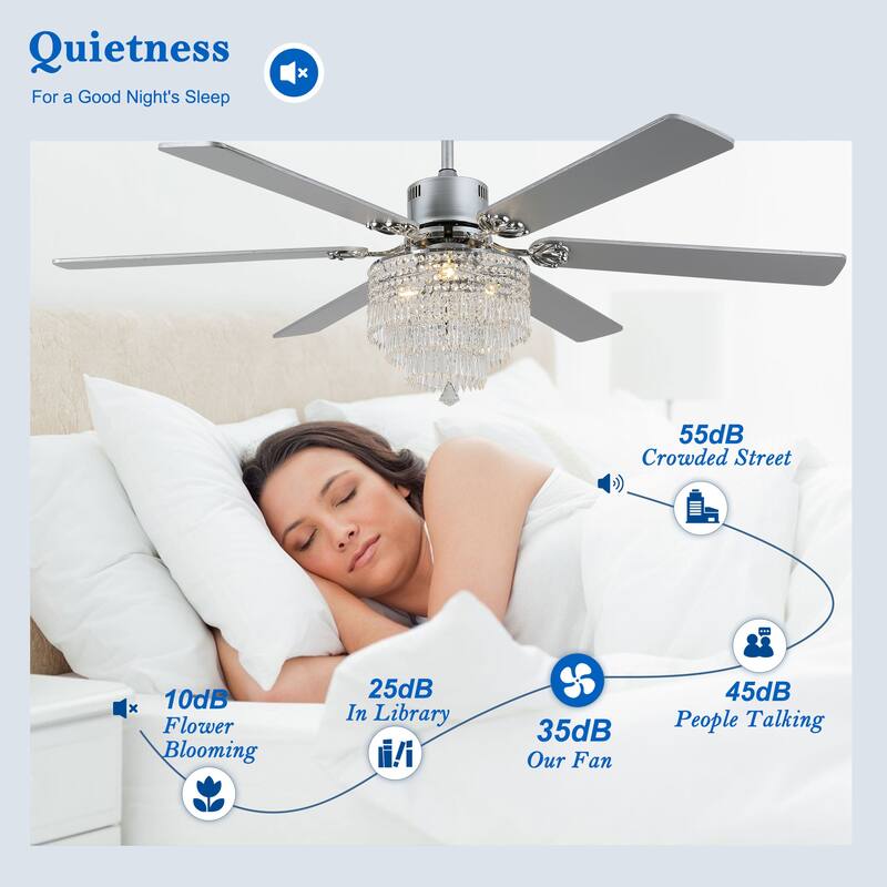 CurveCurio 65" Lagre Ceiling Fan w Crystal Light Shade and Wood Blades, Quiet DC Motor w Remote For Large Room - 65" * 65" * 26"