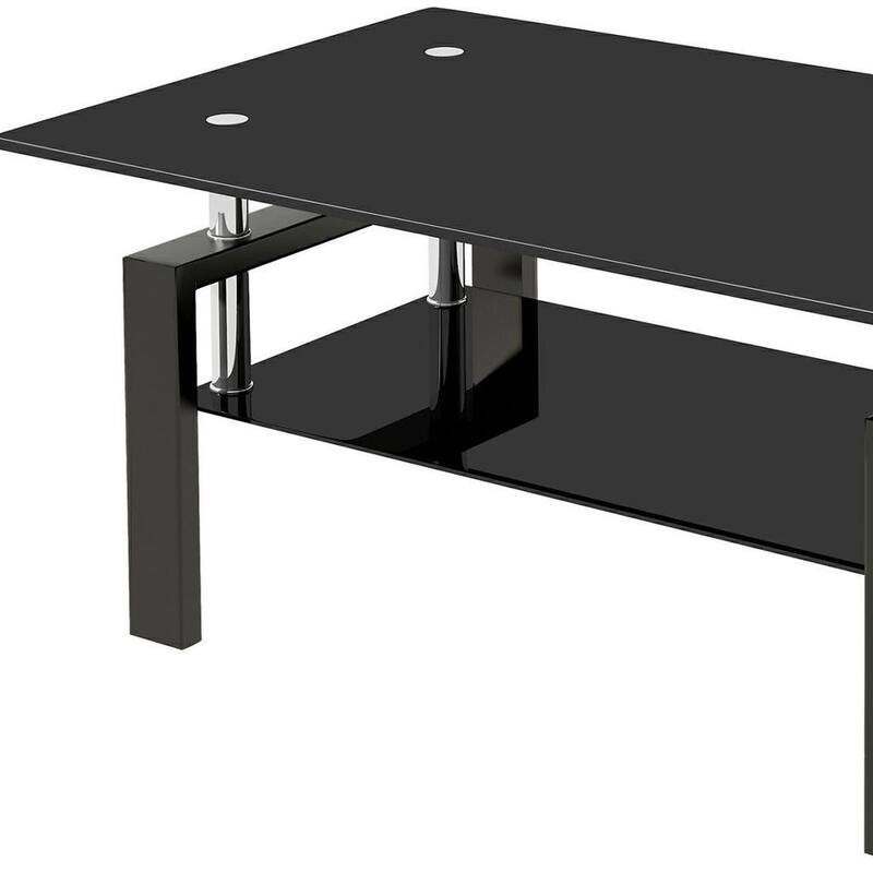 HomeRoots 39" Black Glass and Steel Coffee Table With Shelf - 39.37 in. x 17.32 in. x 23.62 in.