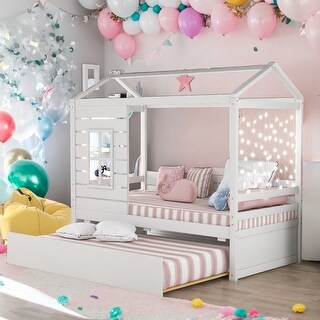 Twin Size House Bed Wood Bed With Twin Size Trundle For Bedroom,Kids