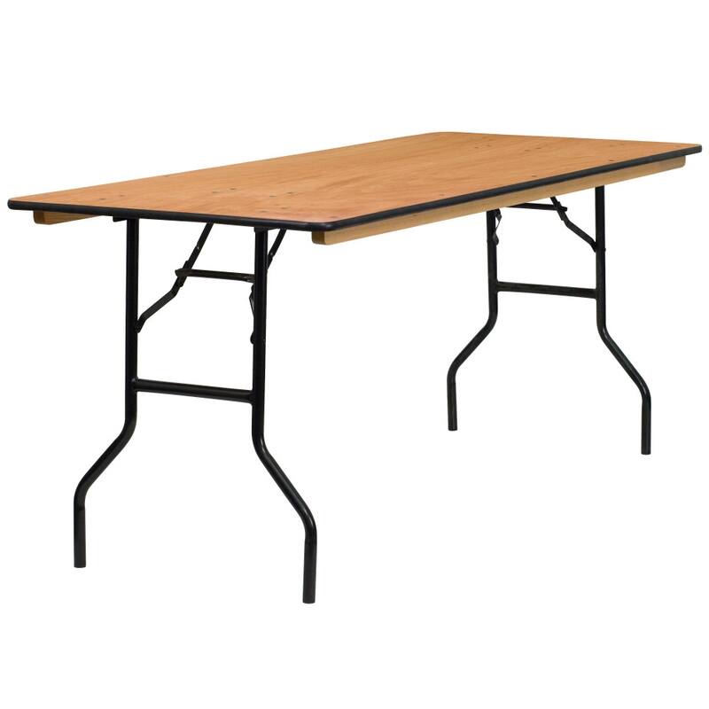 6-Foot Rectangular Wood Folding Banquet Table with Clear Coated Finished Top - 72"D x 30"W x 30.25"H - Natural - Natural Finish