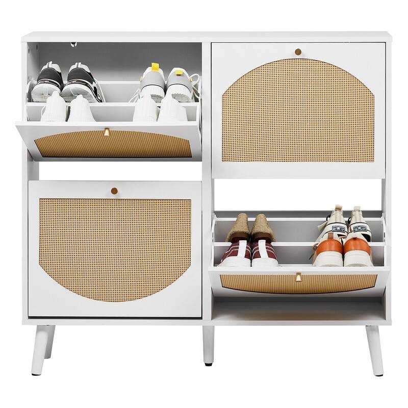 Rattan Shoe Cabinet with 2 / 4 Flip Drawers, Narrow Shoe Storage Cabinet,Organizer for Entryway, Bedroom, Living Room