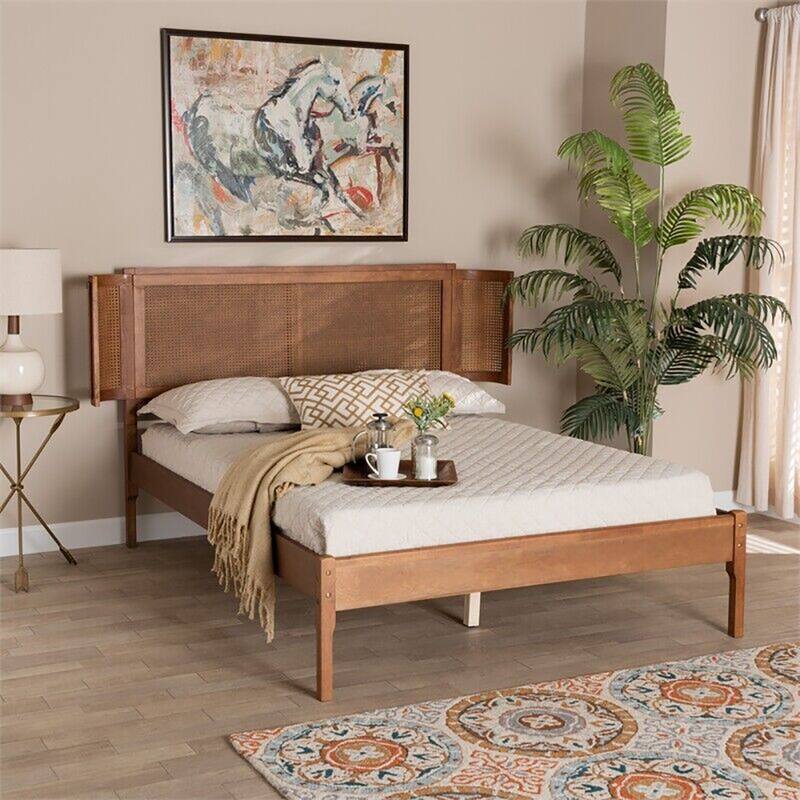Brown Wood and Natural Rattan Queen Size Platform Bed Bed Bath