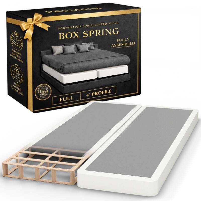 Onetan 4-Inch Wooden Box Spring, Low Profile Split Bed Foundation Ideal for Mattress, No Assembly Needed, White & black. - White - Full