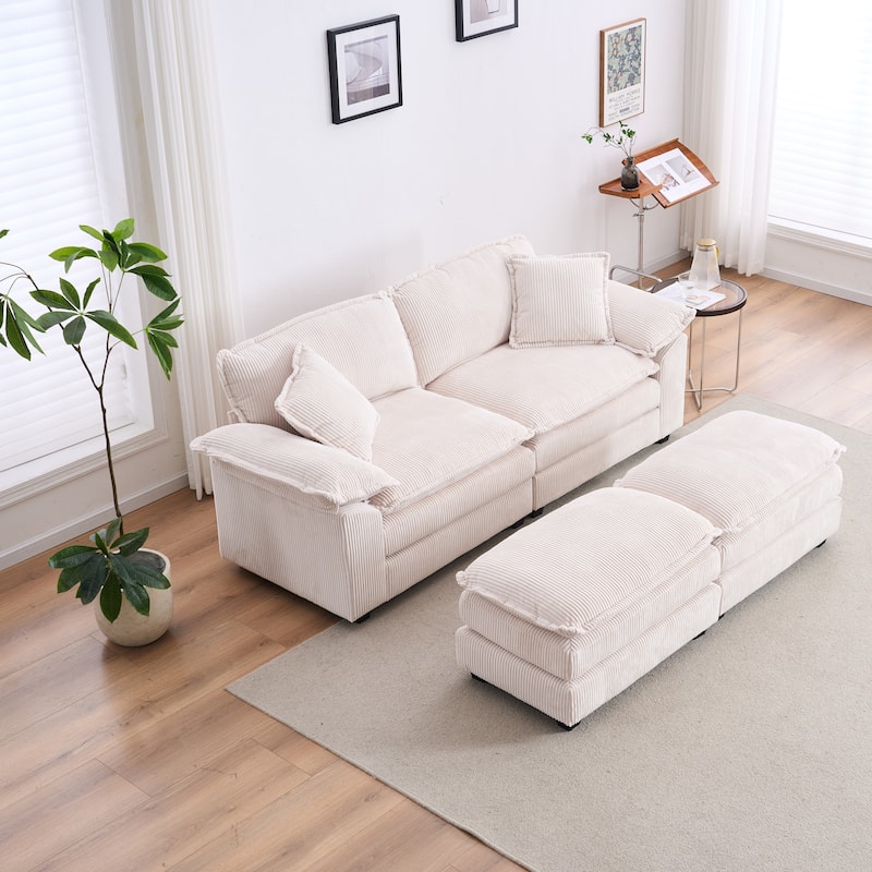 2-Seat Corduroy Sofa with Back Pillows and Ottomans, White, Comfortable Living Room Couch