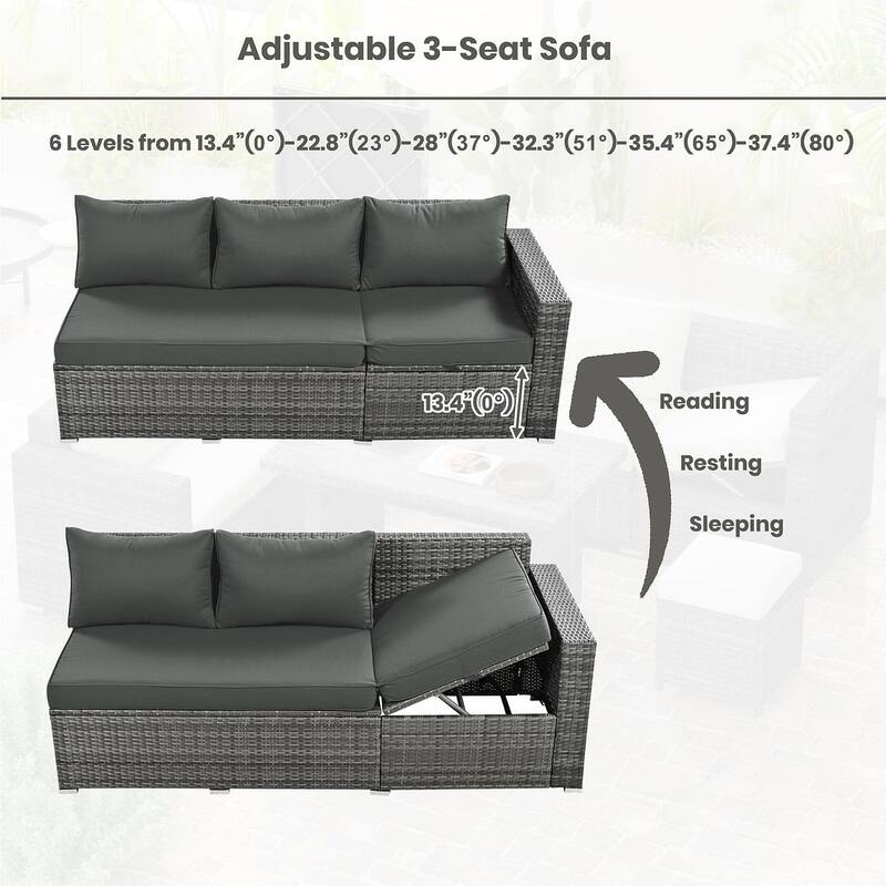 6-Piece PE Rattan Patio Sofa Set with Storage & Adjustable Seats