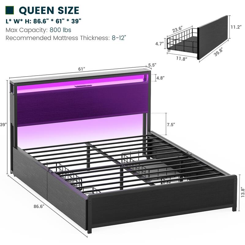 Platform Bed with Hiden Drawers, Bed Frame with Headboard and Charging Station