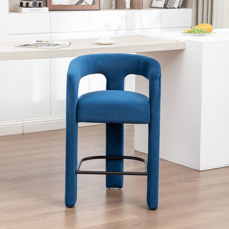 SEYNAR Modern Velvet 34.6''H Fixed Height Open-Back Bar Stool with Metal Footrest - Navy