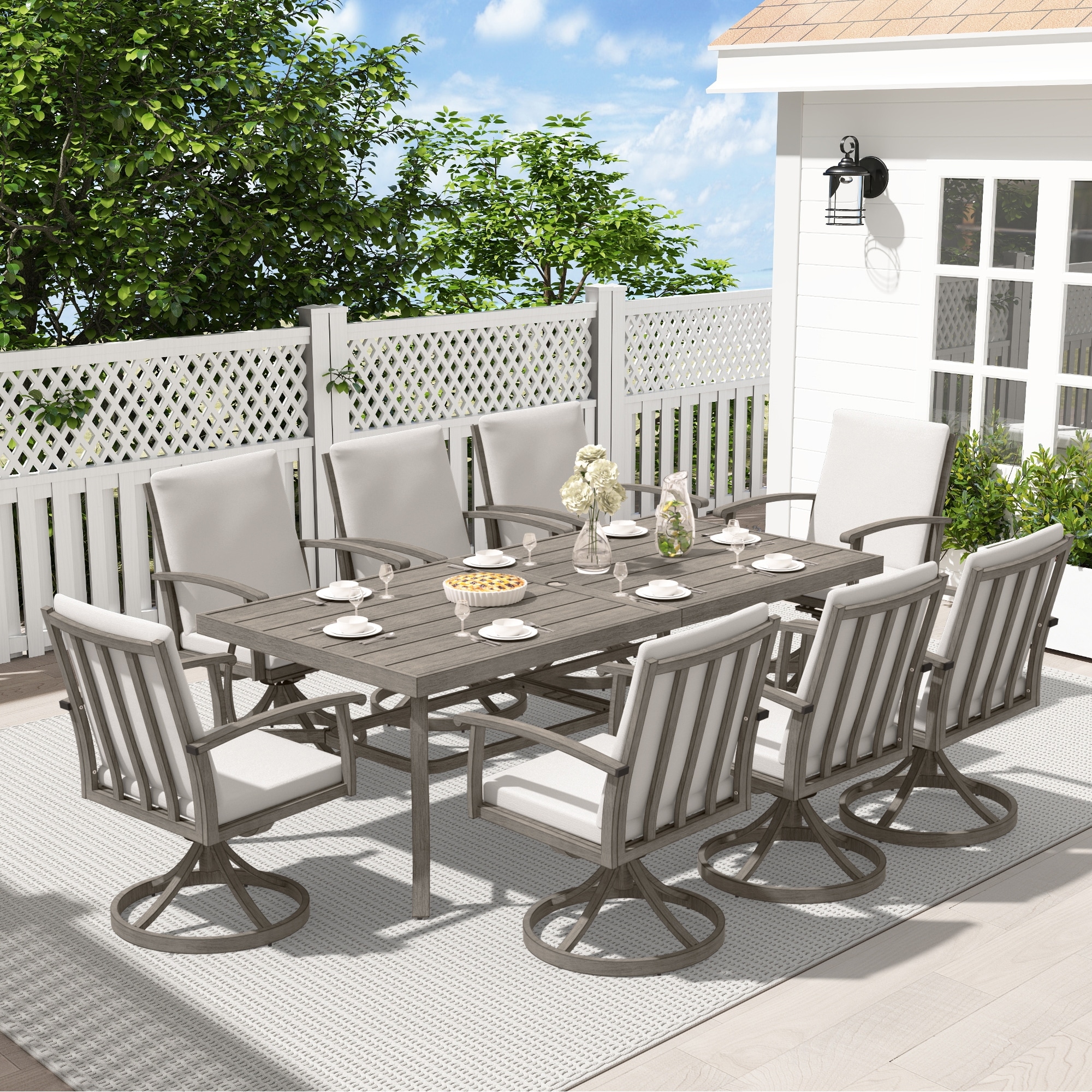 EGEIROS LIFE AluLux 9-Piece Aluminum Patio Dining Set with 8 Swivel Dining Chairs and Washable Cushions