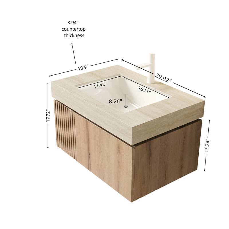 30" Floating Bathroom Vanity with Sink - Cabinet with Drawer & Door, Travertine Sintered Stone Countertop & Basin