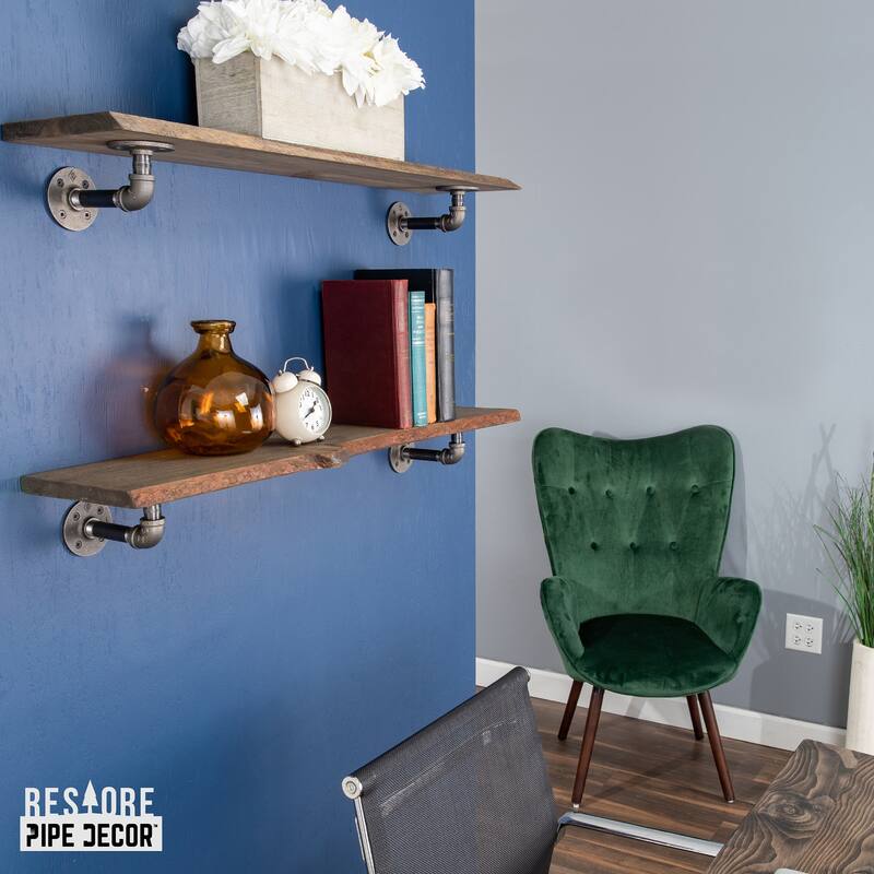 PIPE DECOR Live Edge Reclaimed Wood Shelf with Industrial Pipe Brackets, Set of 2