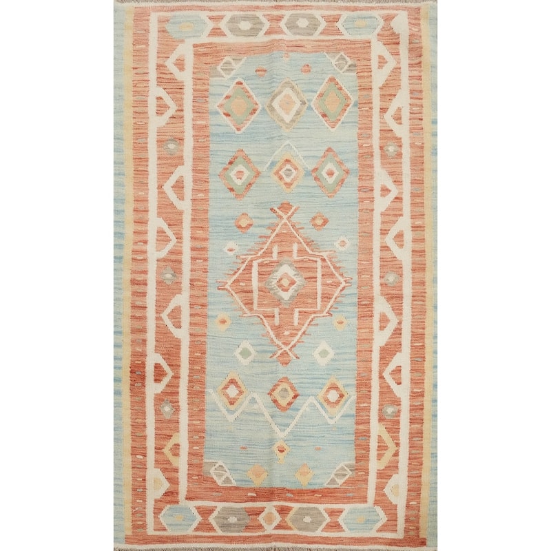 Hand Woven Oriental 100% Wool Carpet Southwestern Tribal Navy Blue & Blues Kilim Area Rug - 5' 11'' X 4' 0''