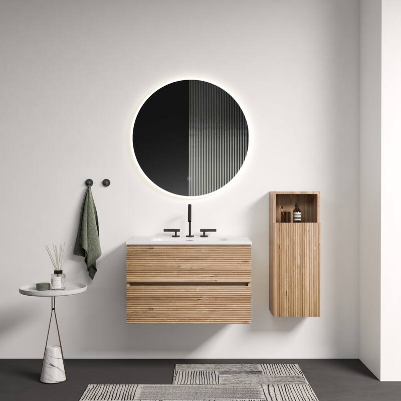 GDFStudio - Gloria Modern Wall-Mounted Floating Bathroom Vanity with Integrated Ceramic Basin & Soft-Close Drawers - 30" - Oak+1 faucet holes