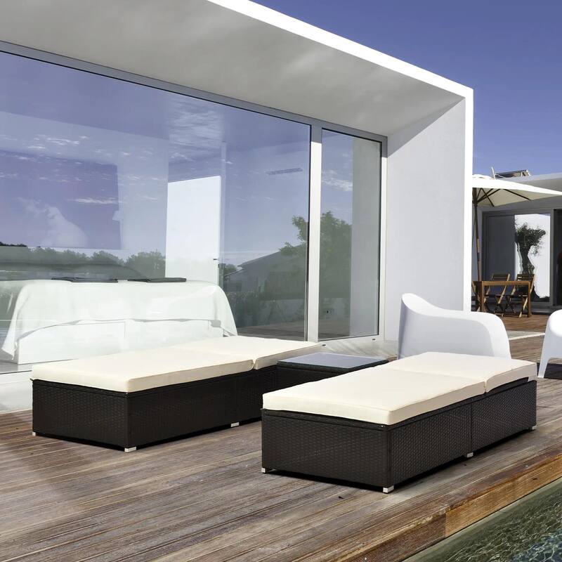 2PCS Adjustable Chaise Lounge, PE Rattan Pool Table Teak Accent