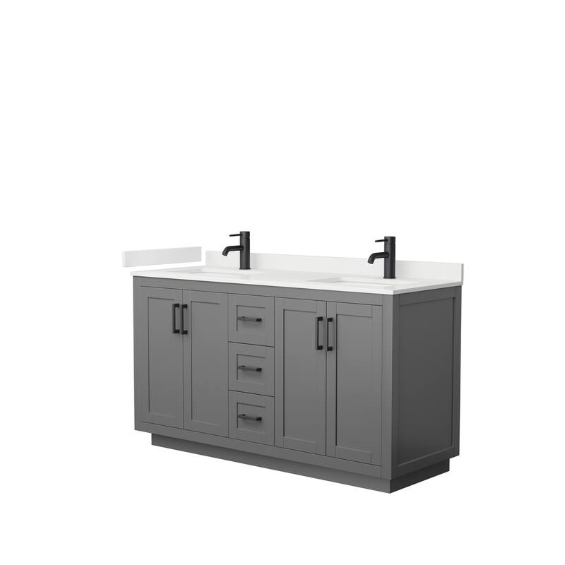Miranda 60-inch Double Vanity, Quartz Top - Dark Gray, Black Trim, White Quartz Top