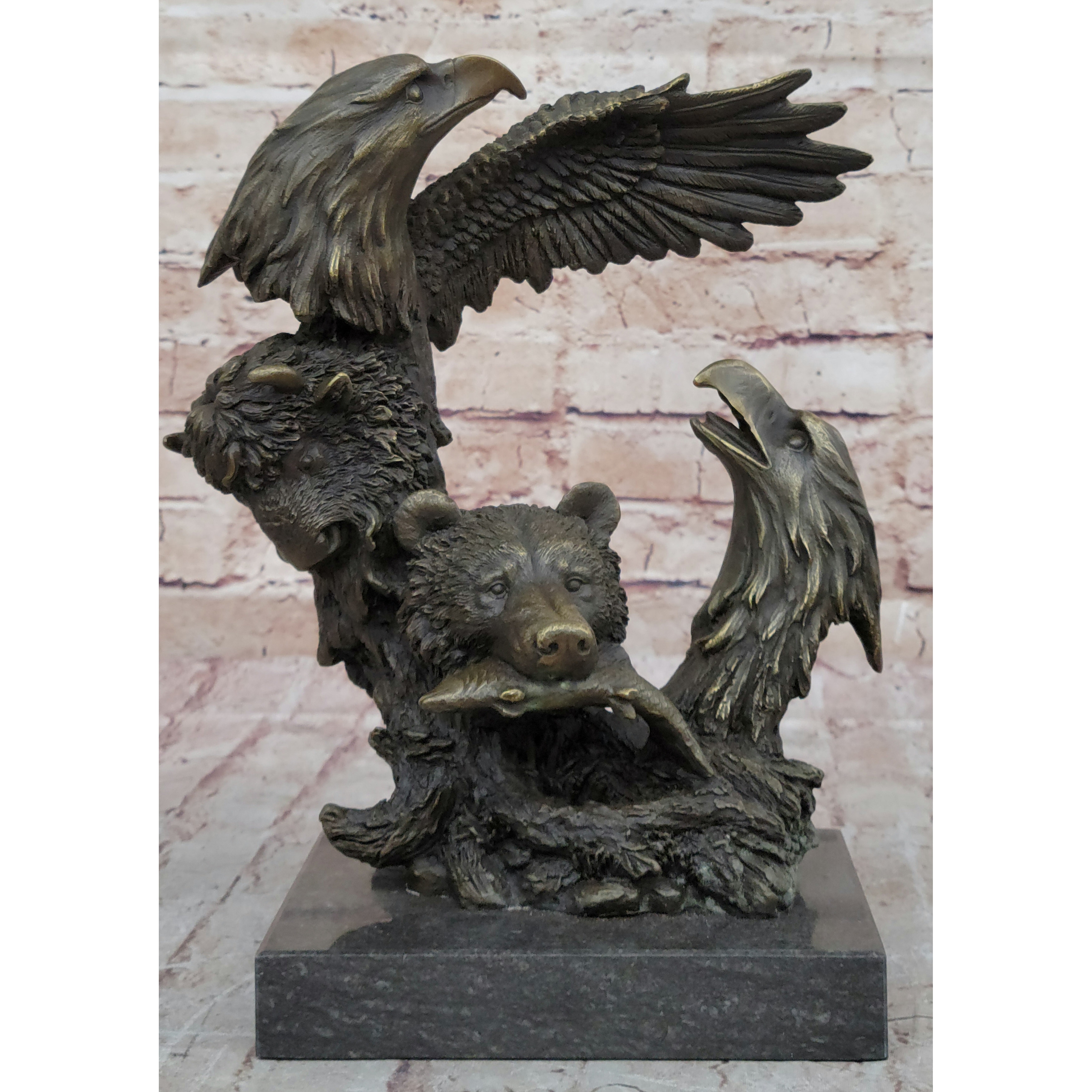 Eagles Bear Hunting Fish Original Bronze Sculpture Statue Art By Milo On Marble Base