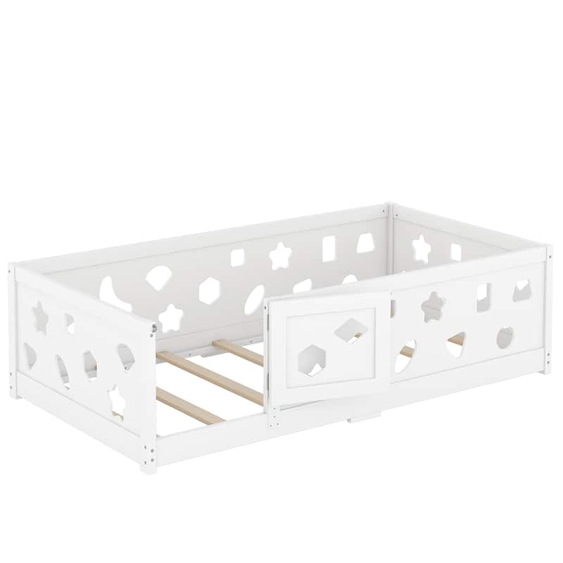 Solid Wood Montessori Floor Bed Frame, Geometric Shaped Floor Bed with Fence and Door, Wooden Slats Support